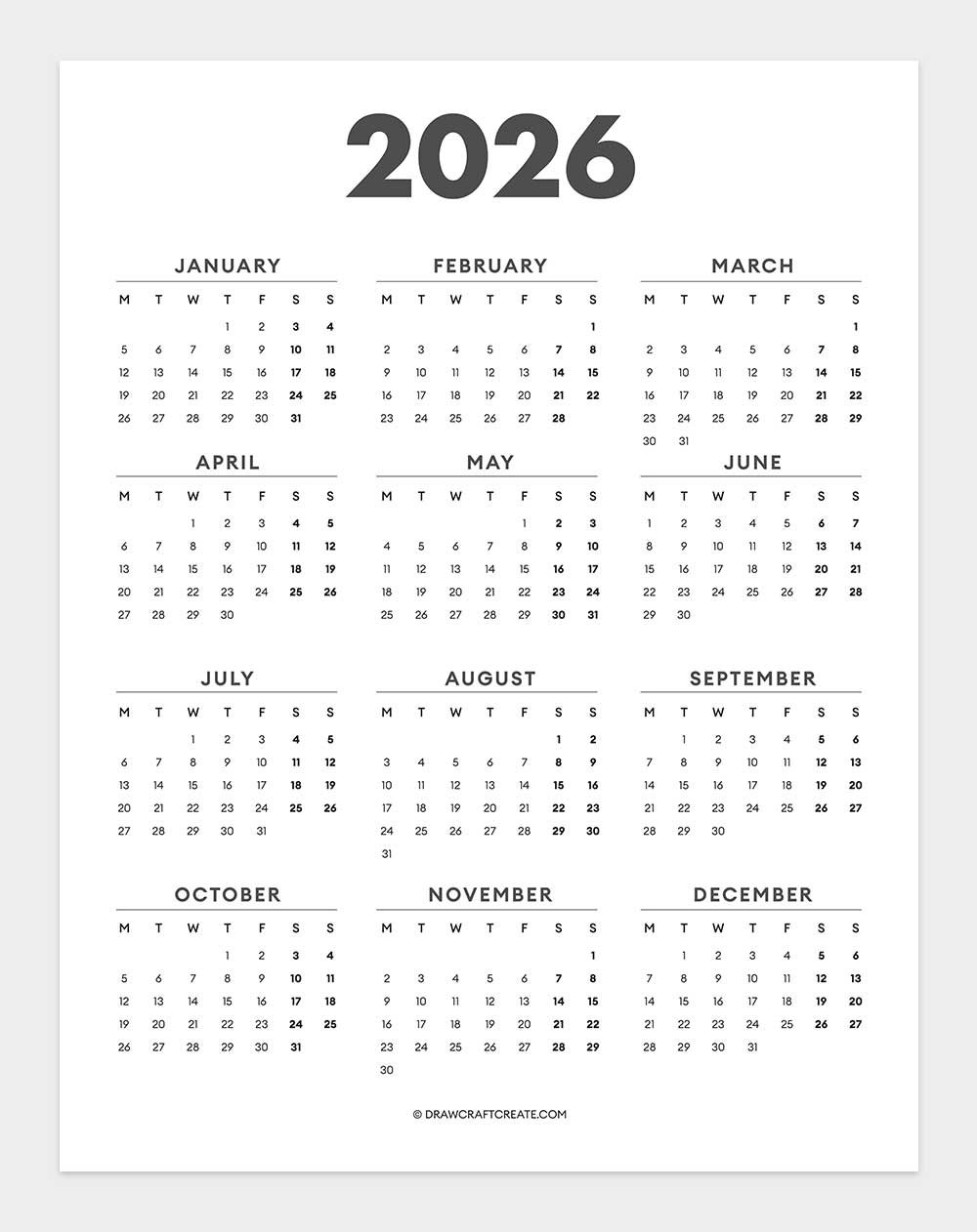 free 2026 calendar printable