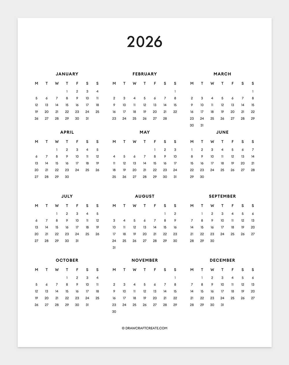 free 2026 calendar printable