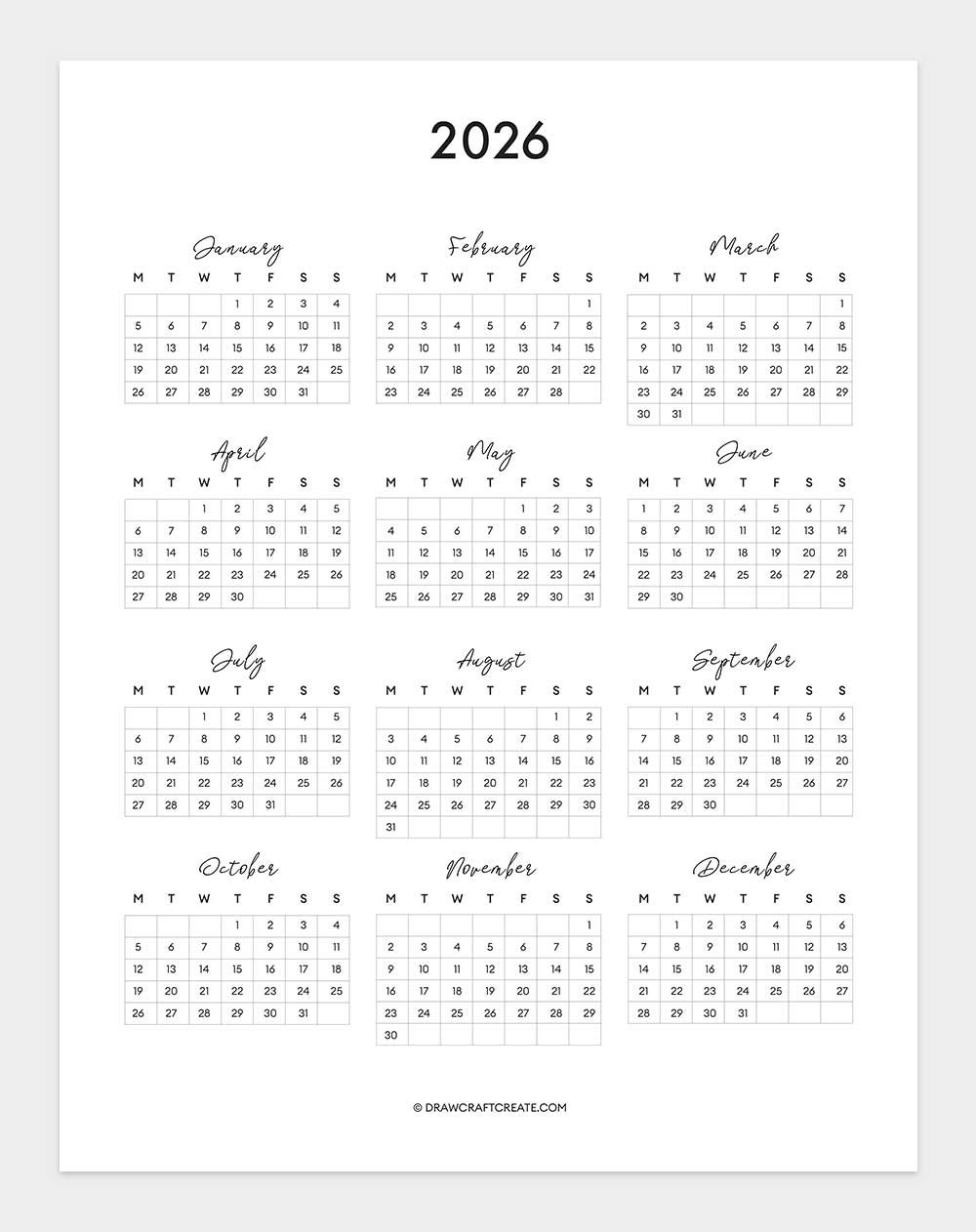 free 2026 calendar printable