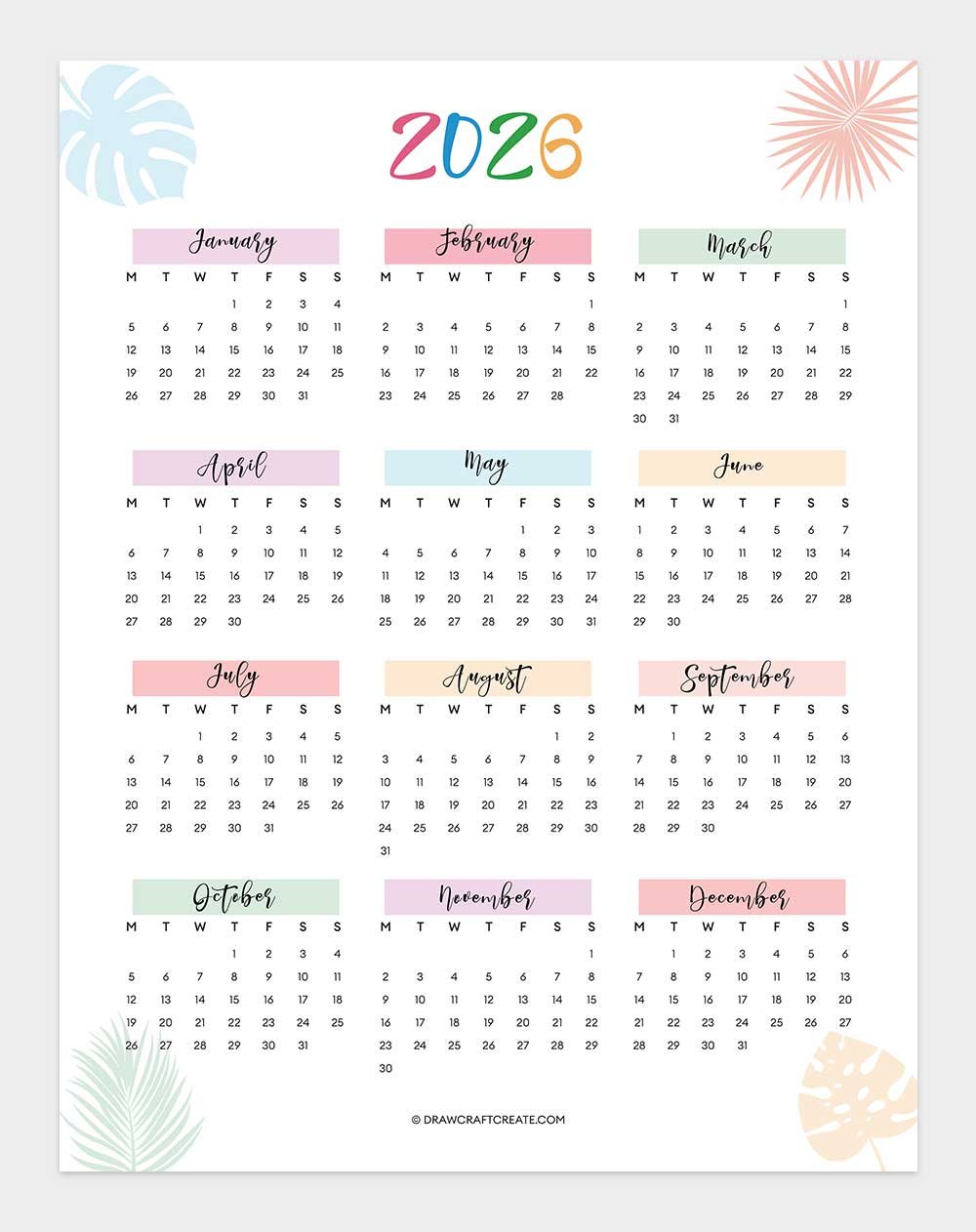 free 2026 calendar printable