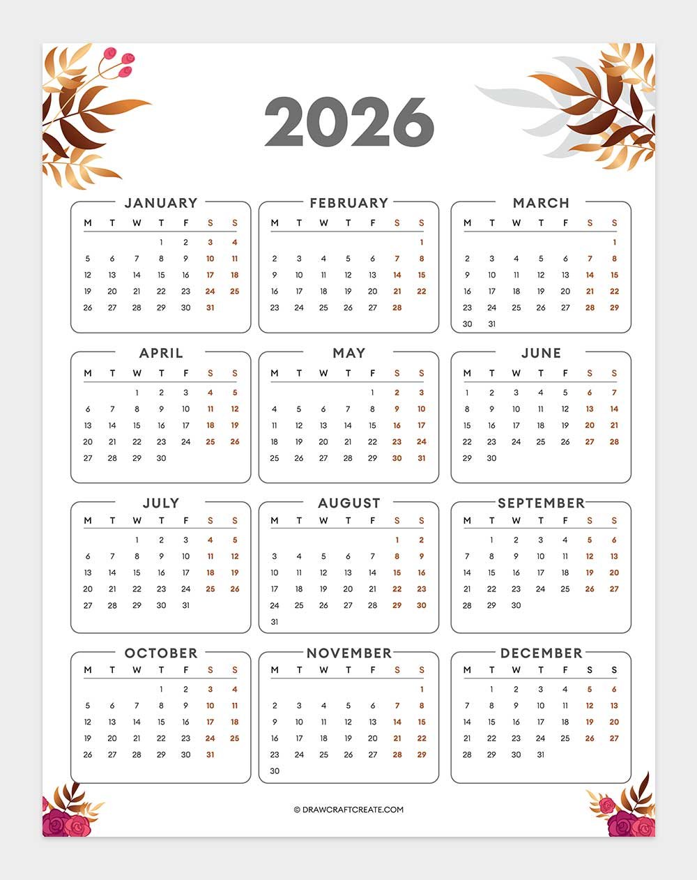 free 2026 calendar printable