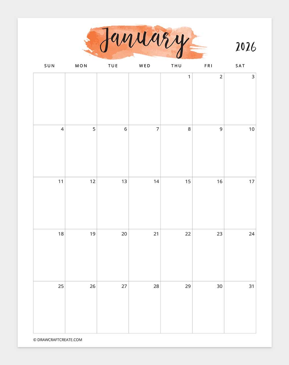 watercolor january 2026 calendar printable vertical sunday start