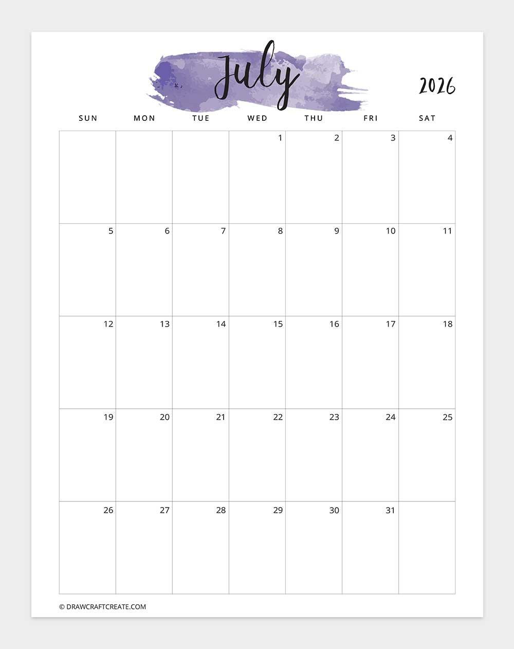 watercolor january 2026 calendar printable vertical sunday start