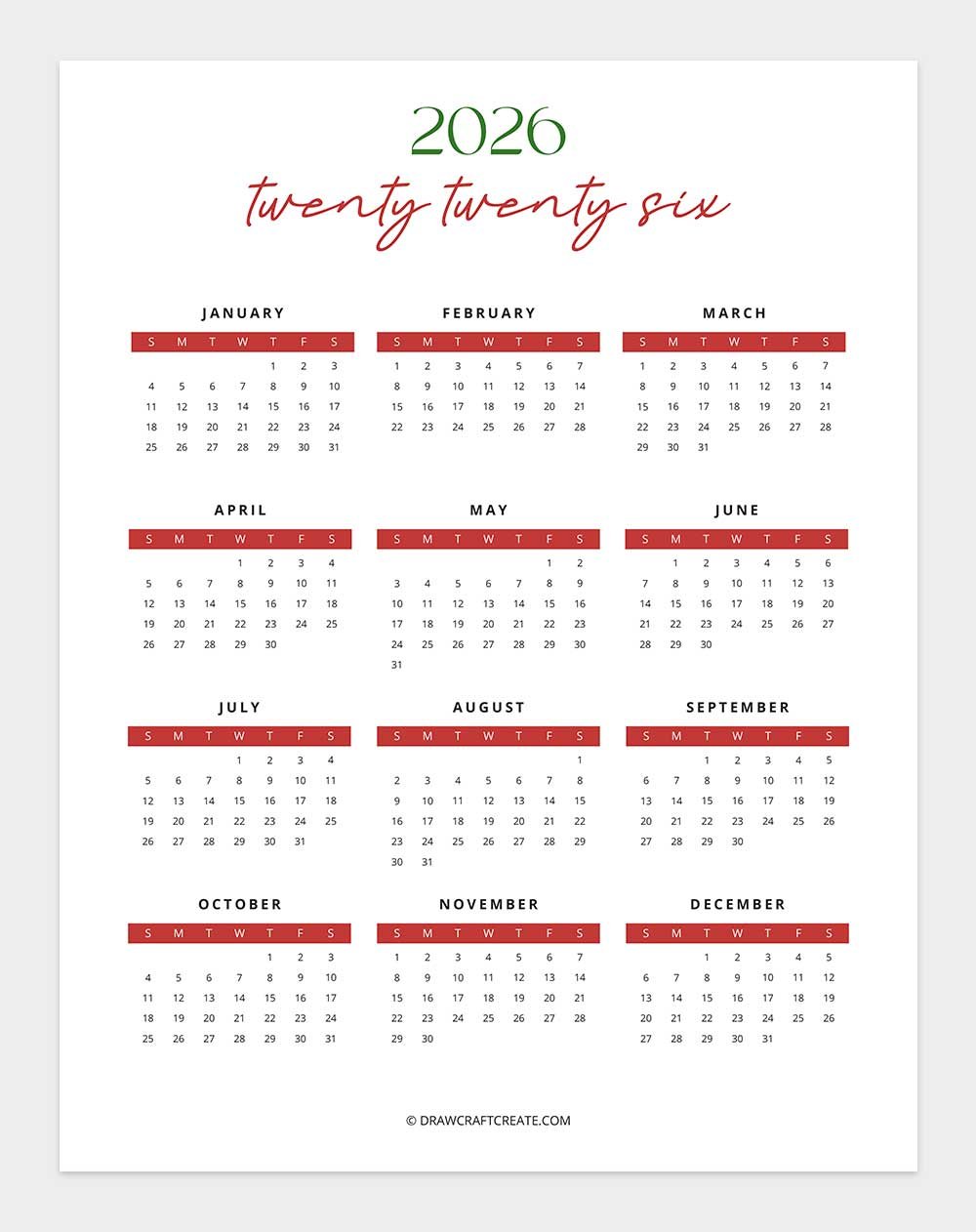 2026 full year calendar
