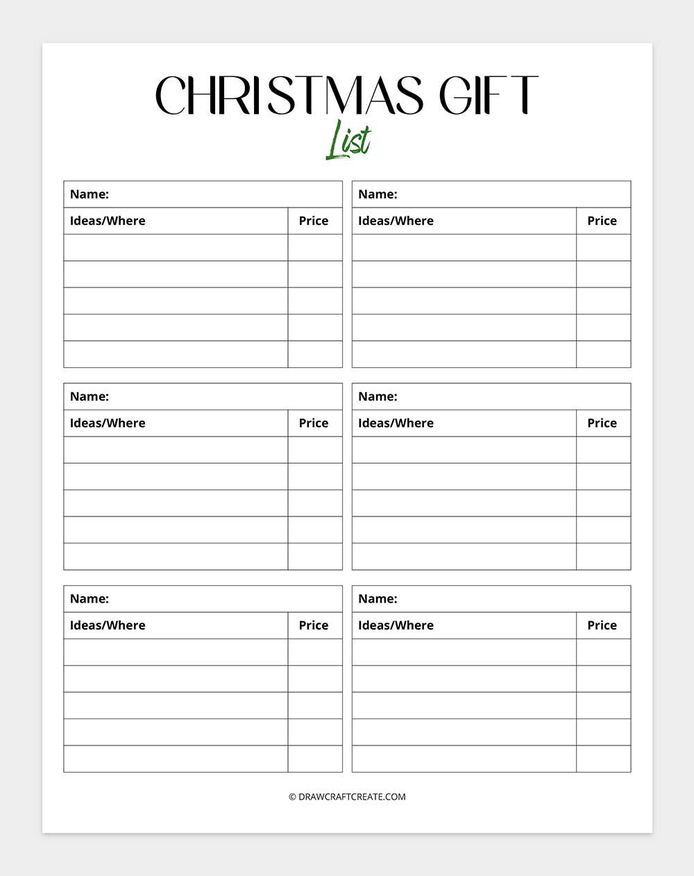 Christmas gift list