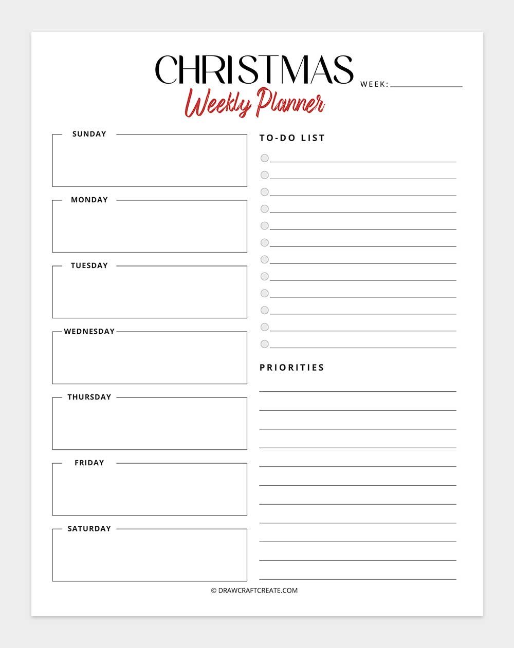 Christmas weekly planner