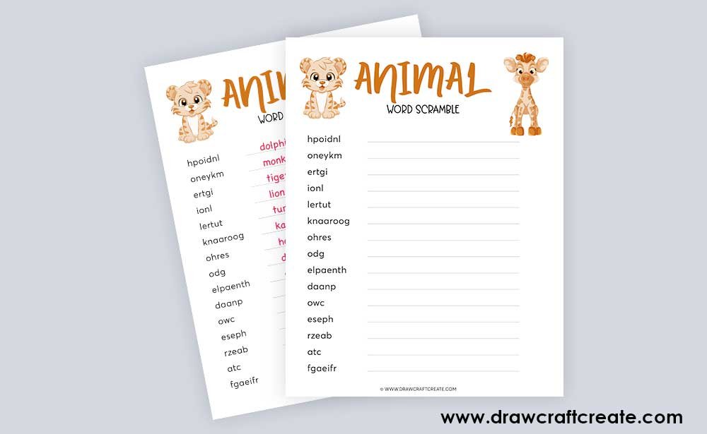 animal word scramble answer sheet