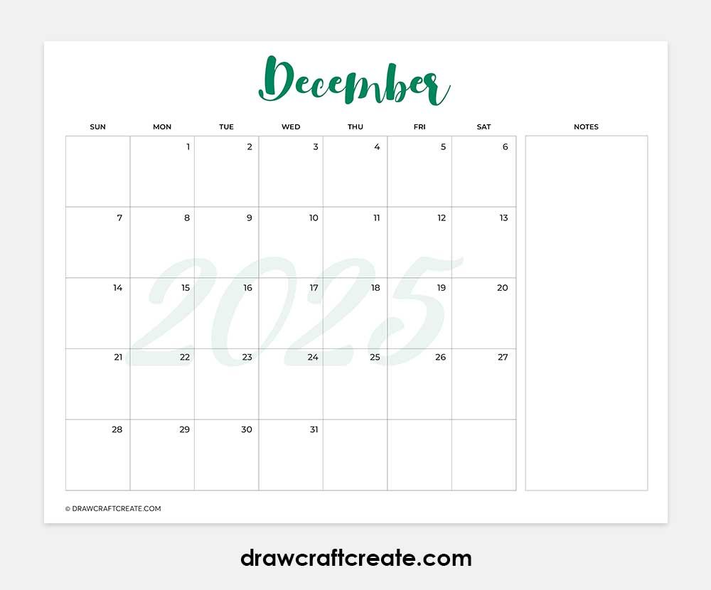december 2025 calendar printable horizontal