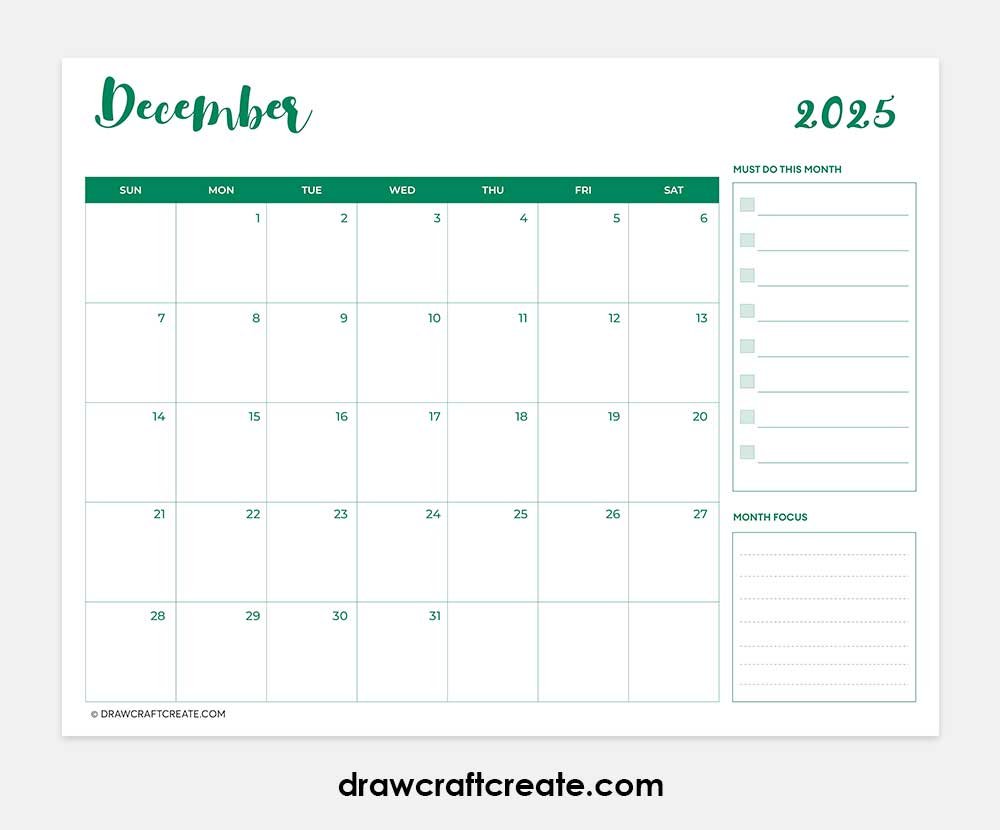 december 2025 calendar printable horizontal