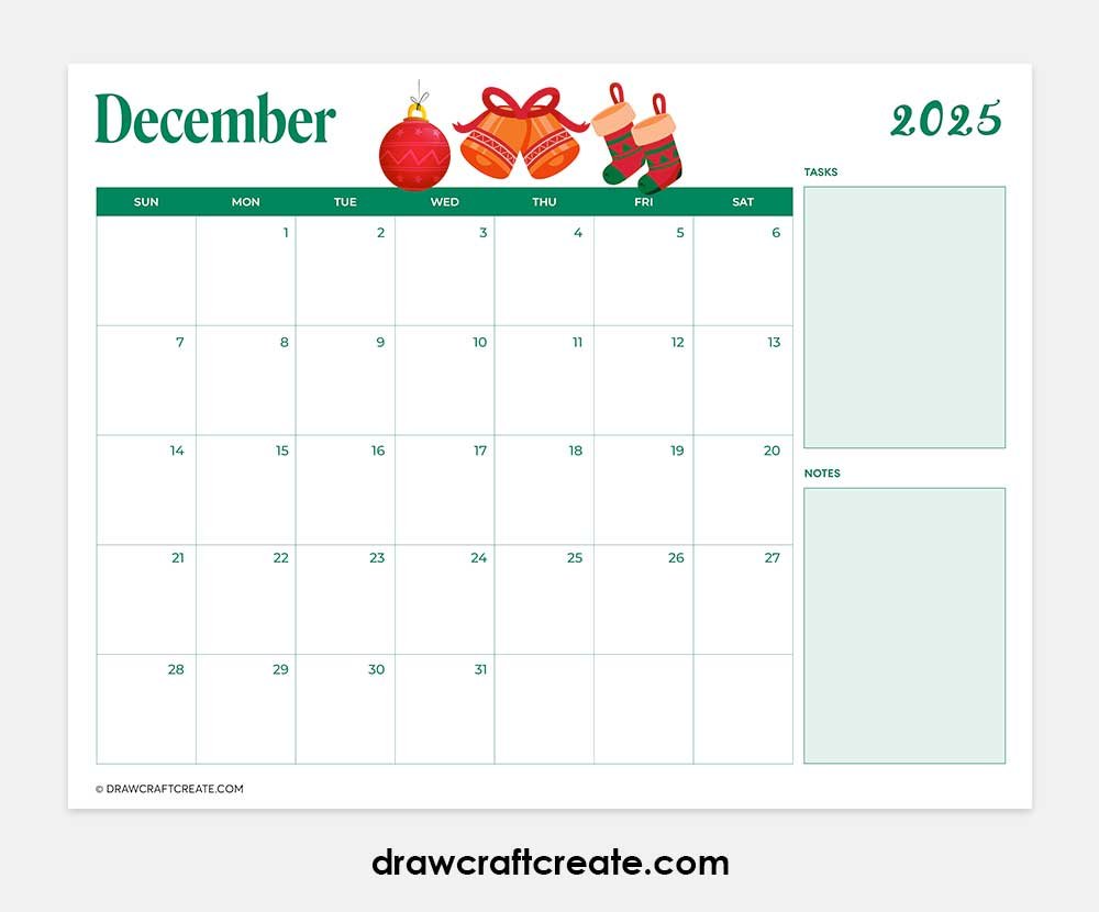 december 2025 calendar printable horizontal