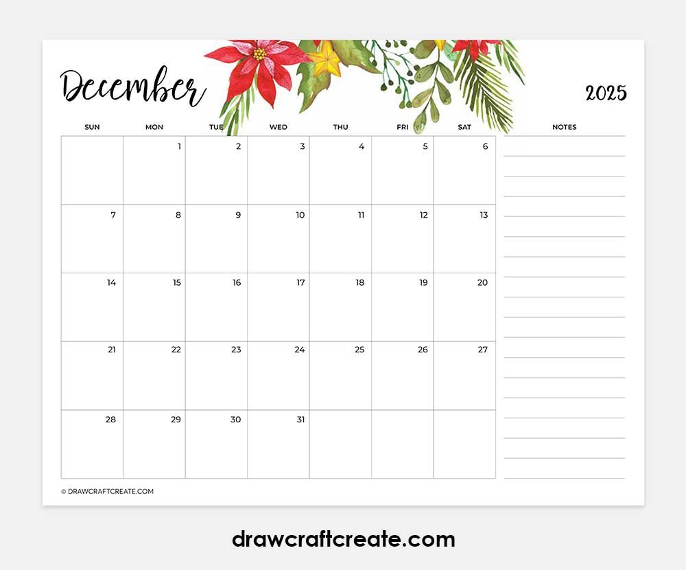 december 2025 calendar printable horizontal