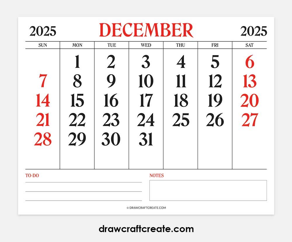 december 2025 calendar printable horizontal