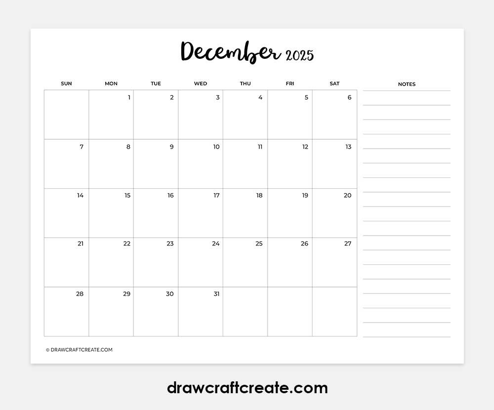 december 2025 calendar printable horizontal