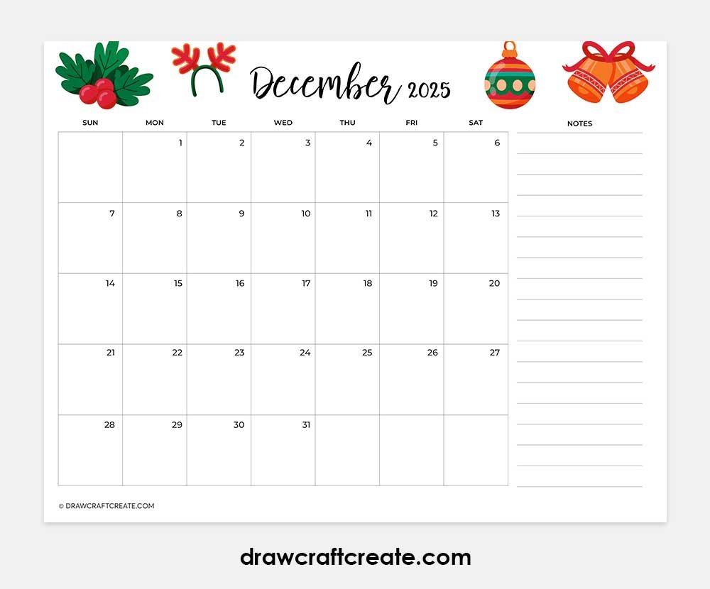 december 2025 calendar printable horizontal