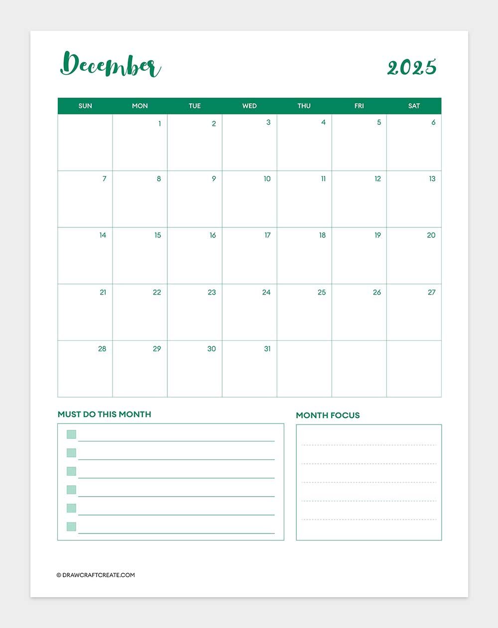 december 2025 calendar printable vertical