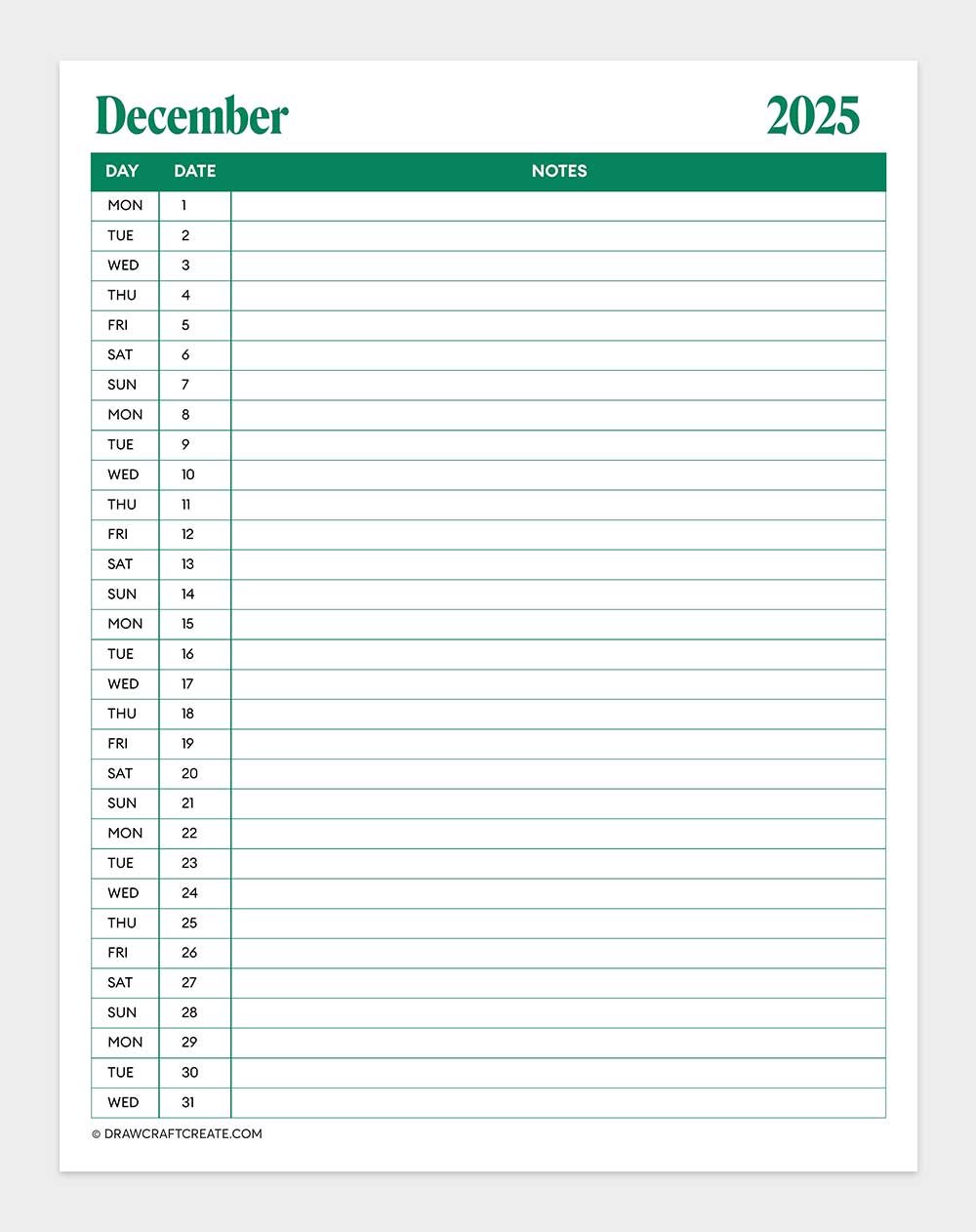 december 2025 calendar printable vertical