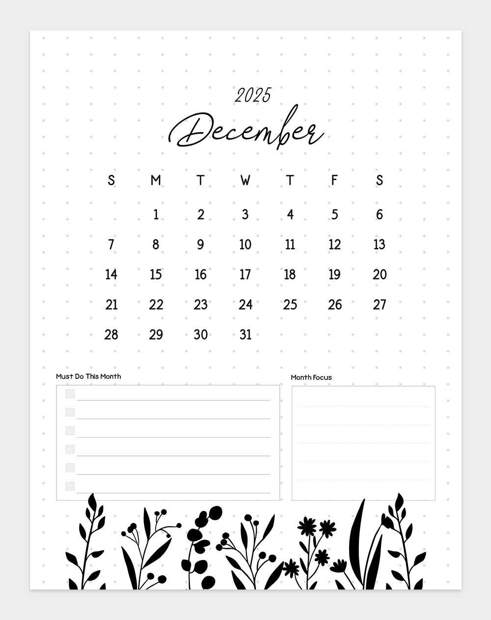 december 2025 calendar printable vertical