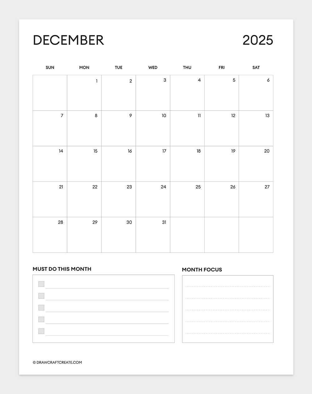 december 2025 calendar printable vertical