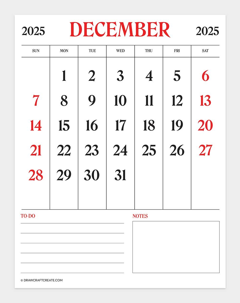 december 2025 calendar printable vertical