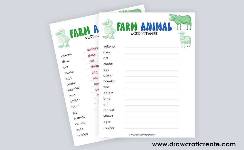 farm animal word scramble answer sheet
