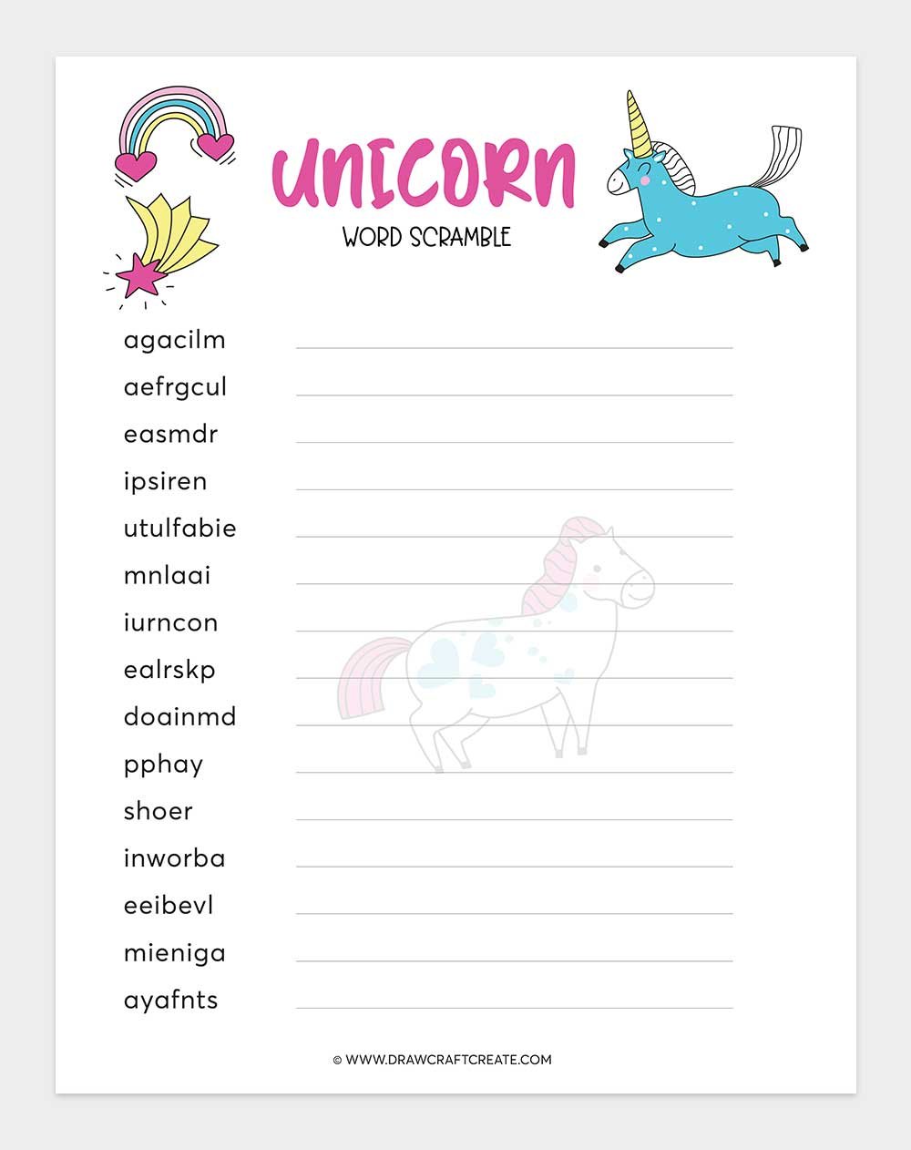free printable unicorn word scramble