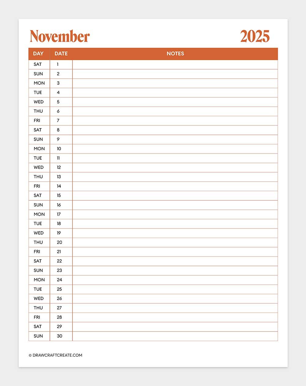 november 2025 calendar vertical