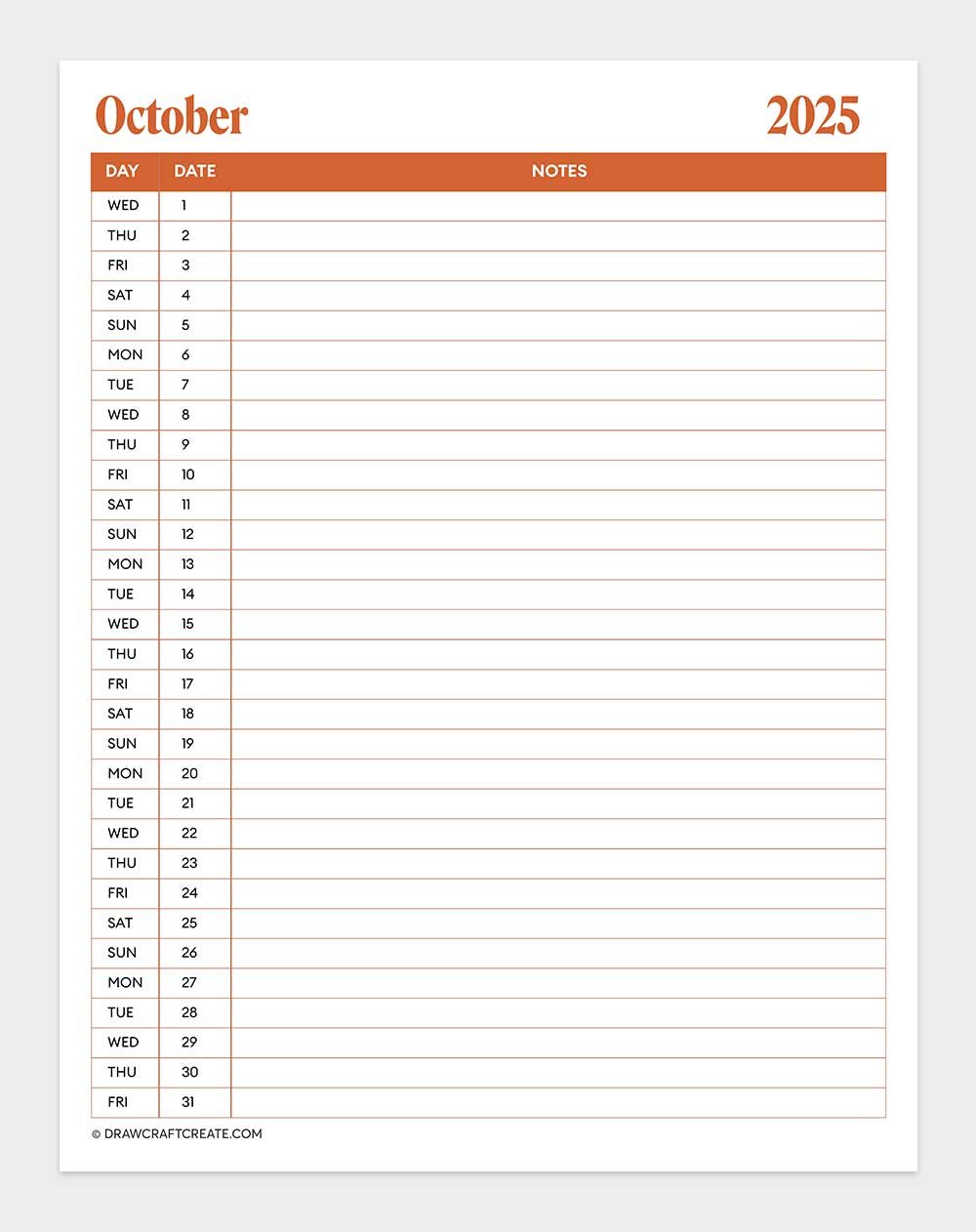 october 2025 calendar printable vertical