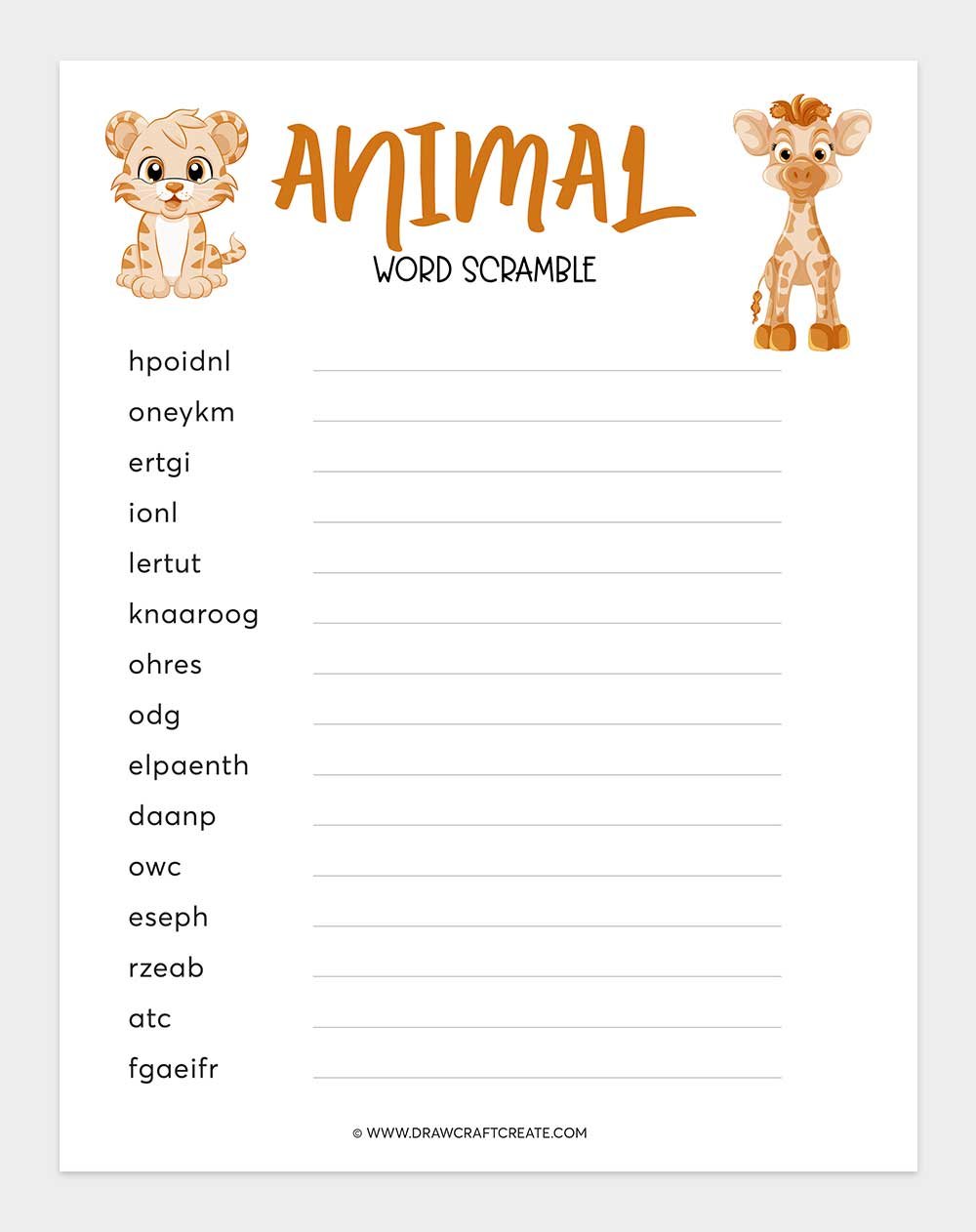 printable animal word scramble