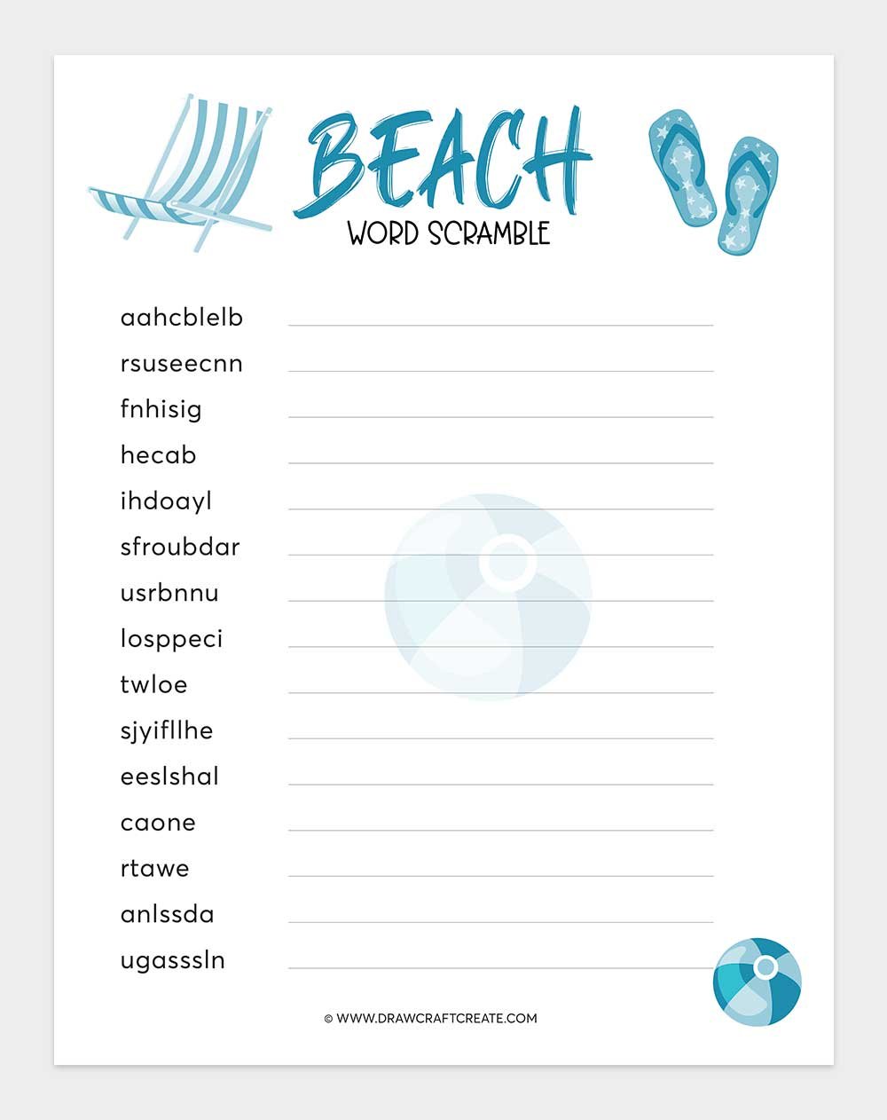 printable beach word scramble