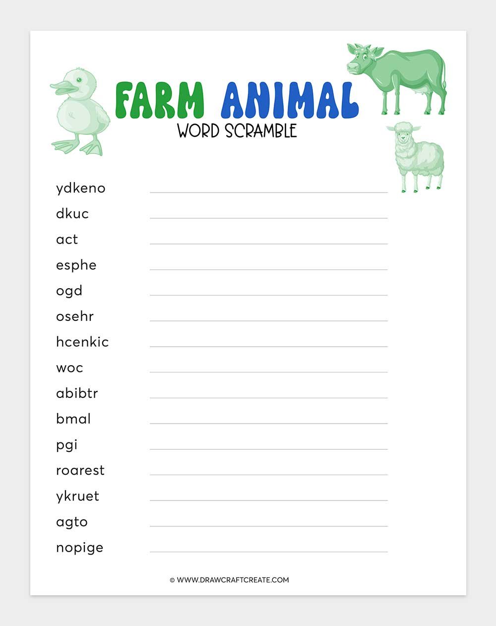 printable farm animal word scramble