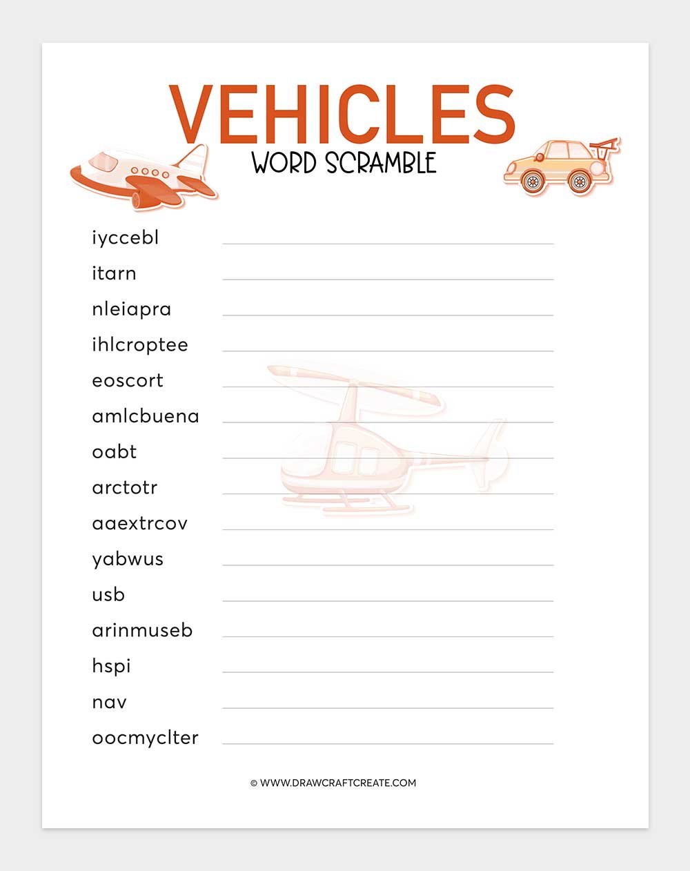 printable vehicles word scramble