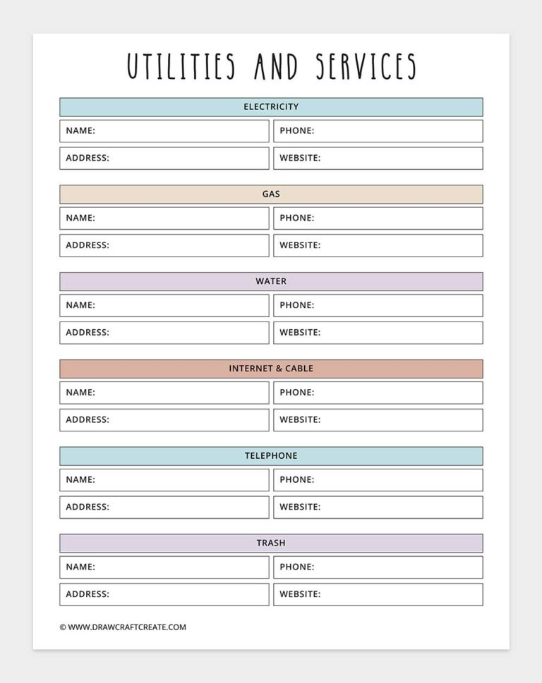 Utilities Checklist Table Free Printable Household Planner Template (51 Pages) - Draw Craft Create