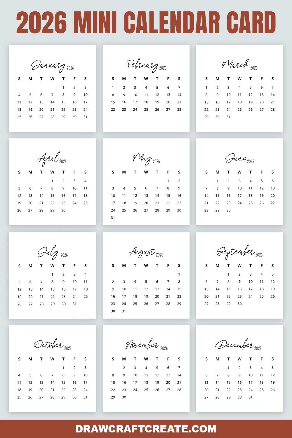 2026 Mini Calendar Card