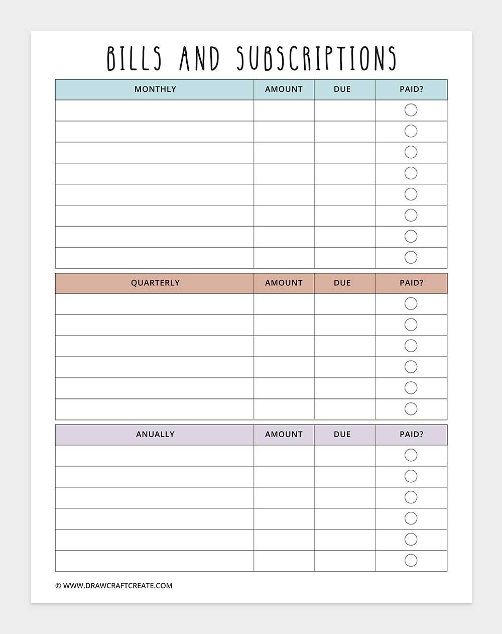 bills and subscriptions