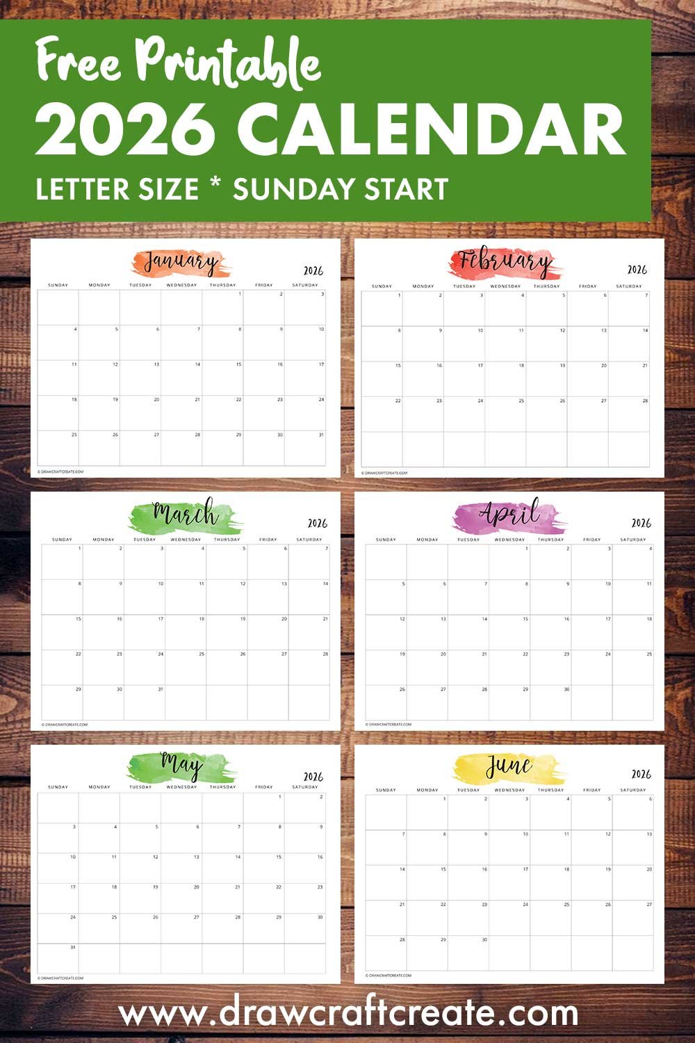 Horizontal 2026 Watercolor Calendar Printable