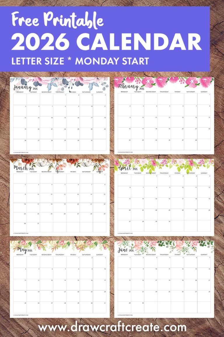 2026 Calendar Printable PDF Free Template (Vertical) - Draw Craft Create