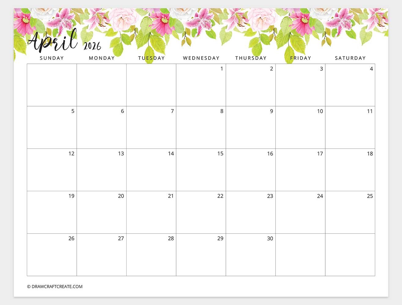 april 2026 calendar floral horizontal