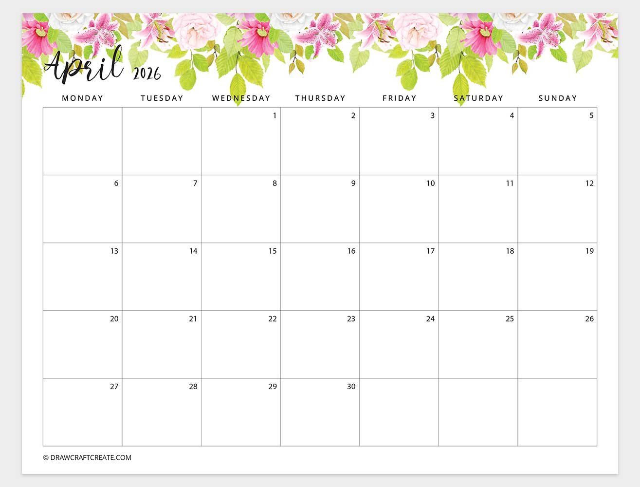 april 2026 floral calendar monday start