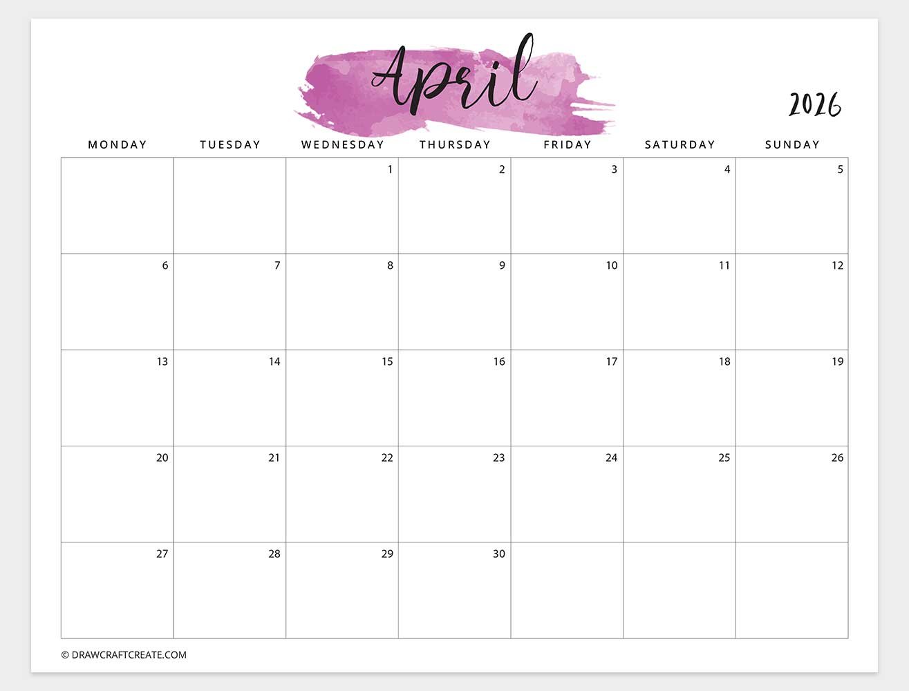 april 2026 watercolor calendar horizontal monday start