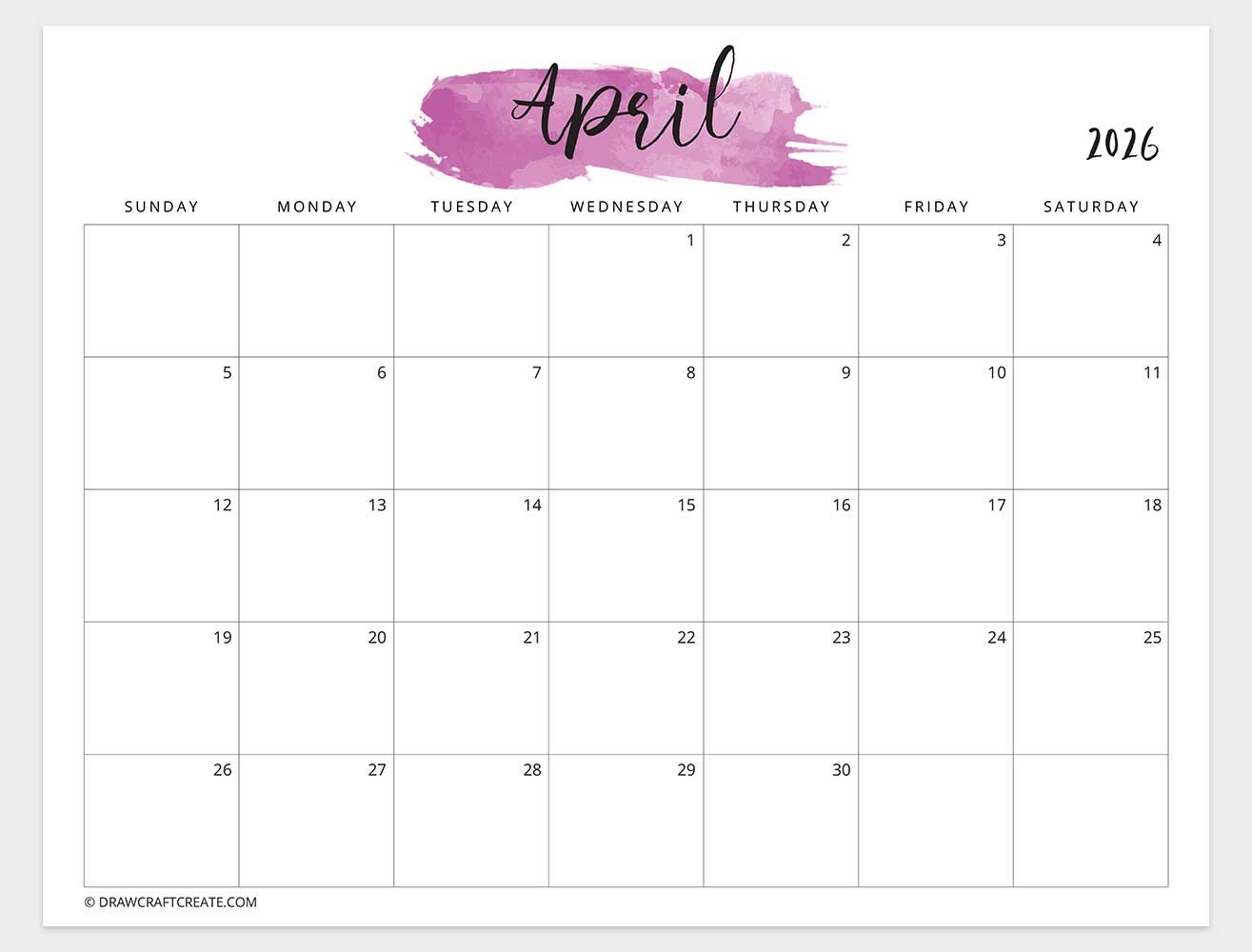 april 2026 watercolor calendar sunday start