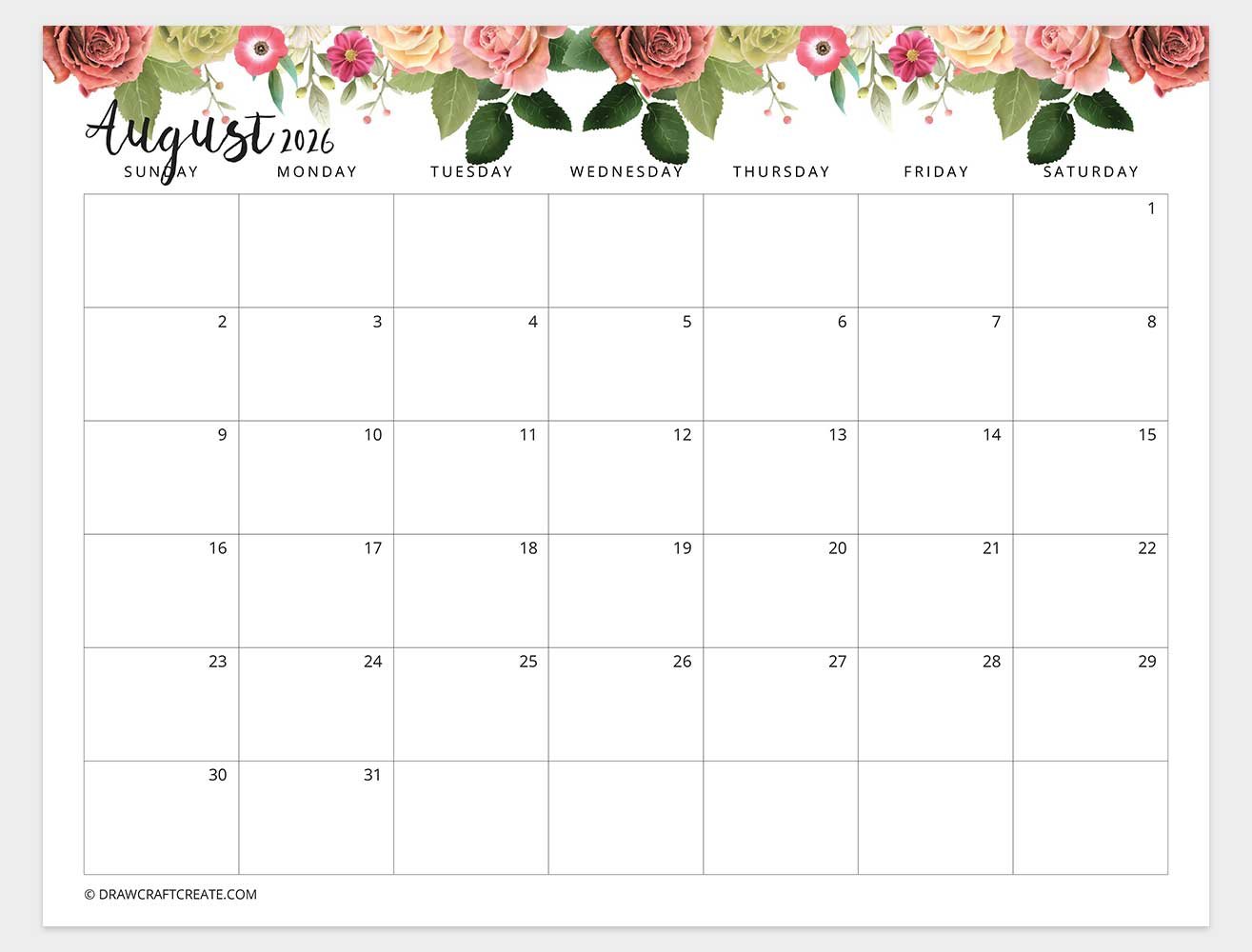 august 2026 calendar floral horizontal