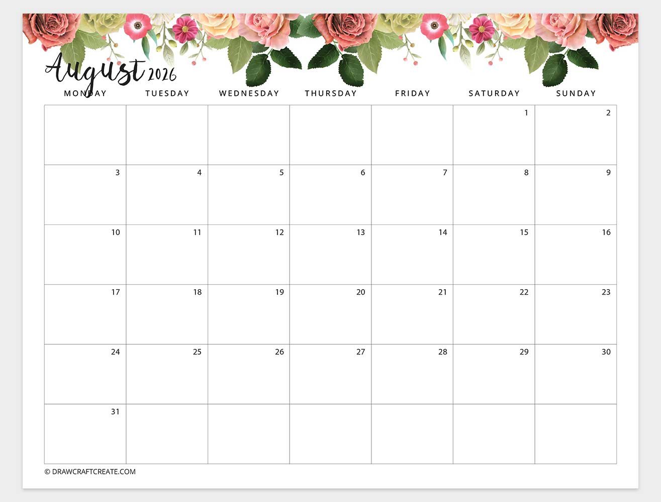 august 2026 floral calendar monday start