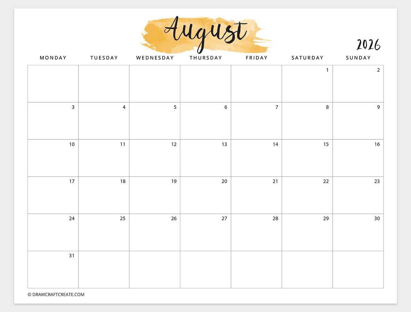 august 2026 watercolor calendar horizontal monday start