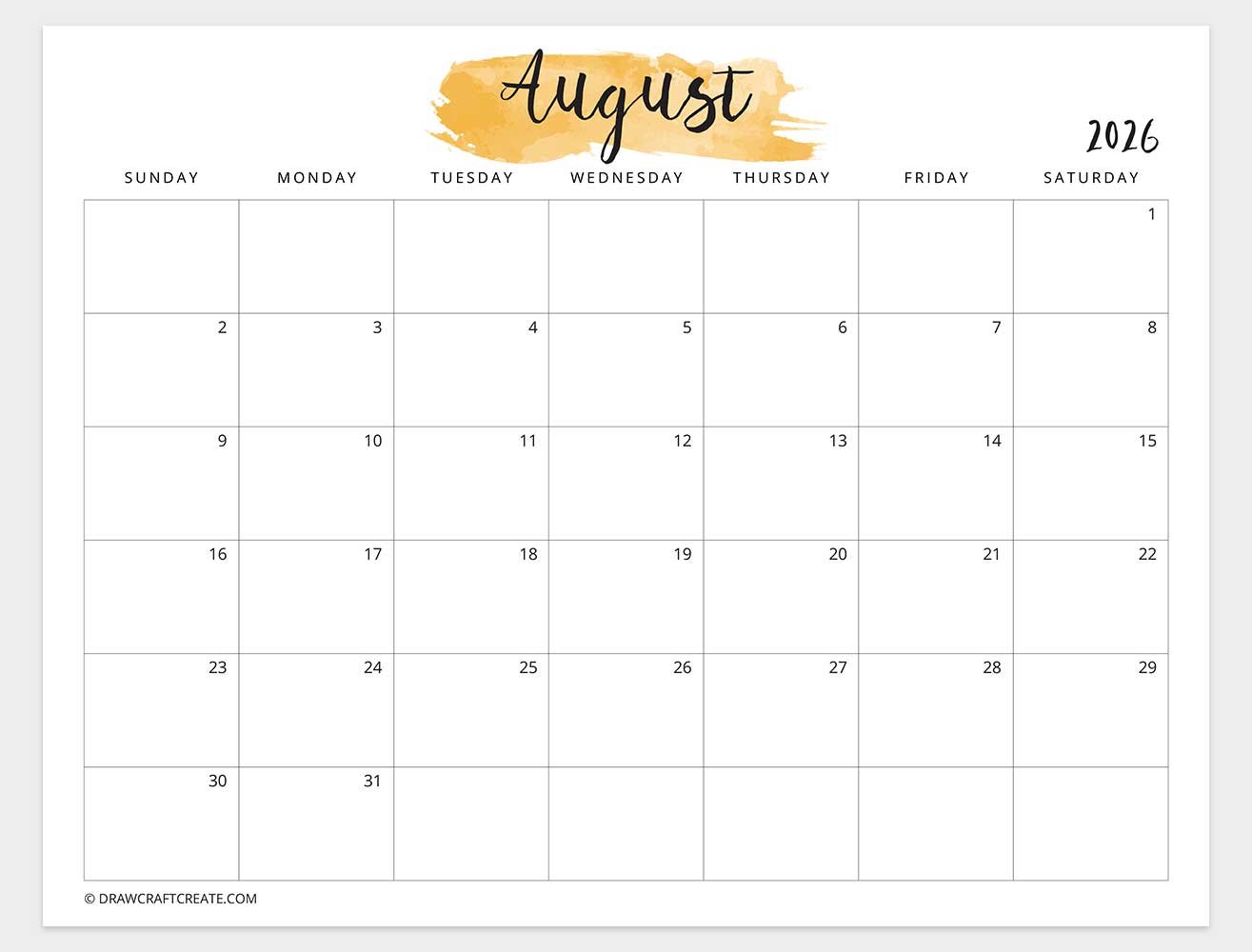 august 2026 watercolor calendar sunday start