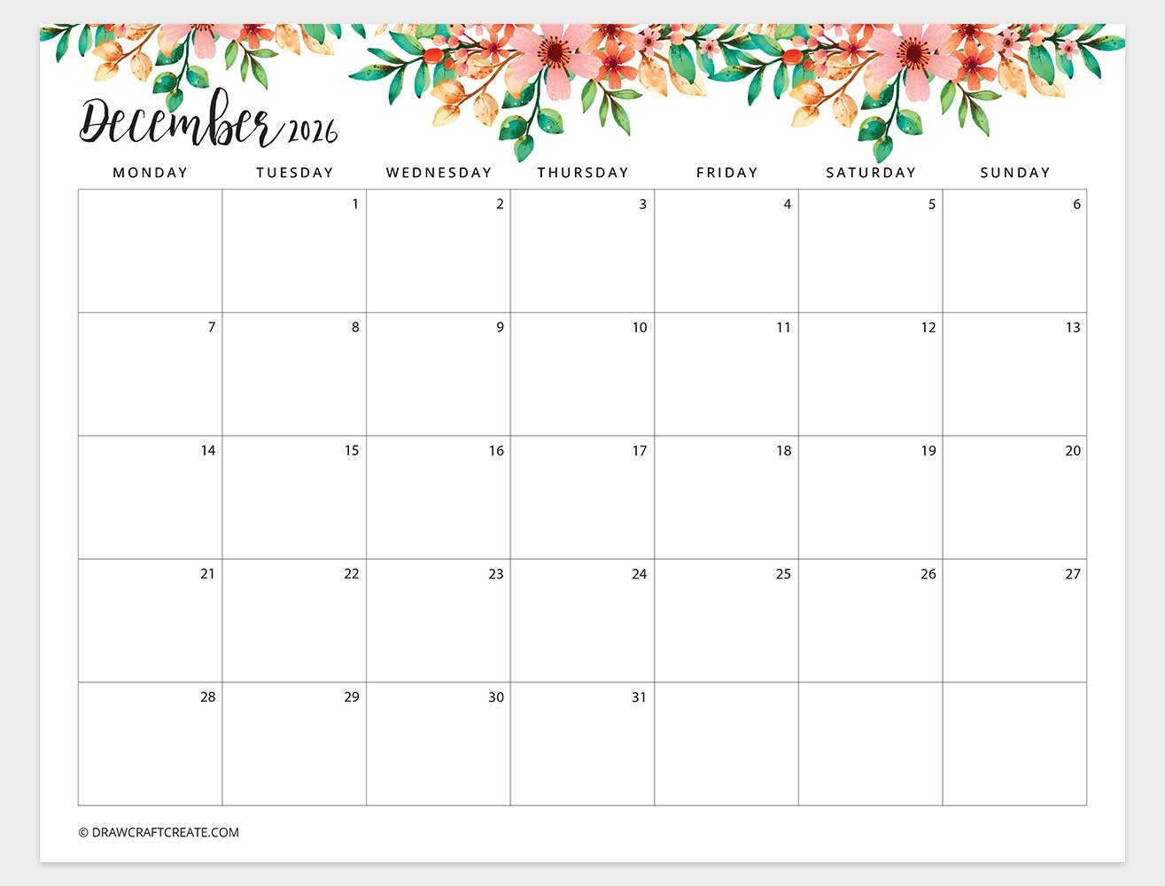 december 2026 floral calendar monday start