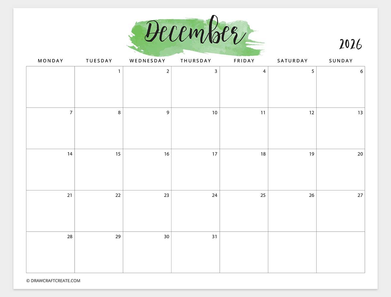 december 2026 watercolor calendar horizontal monday start