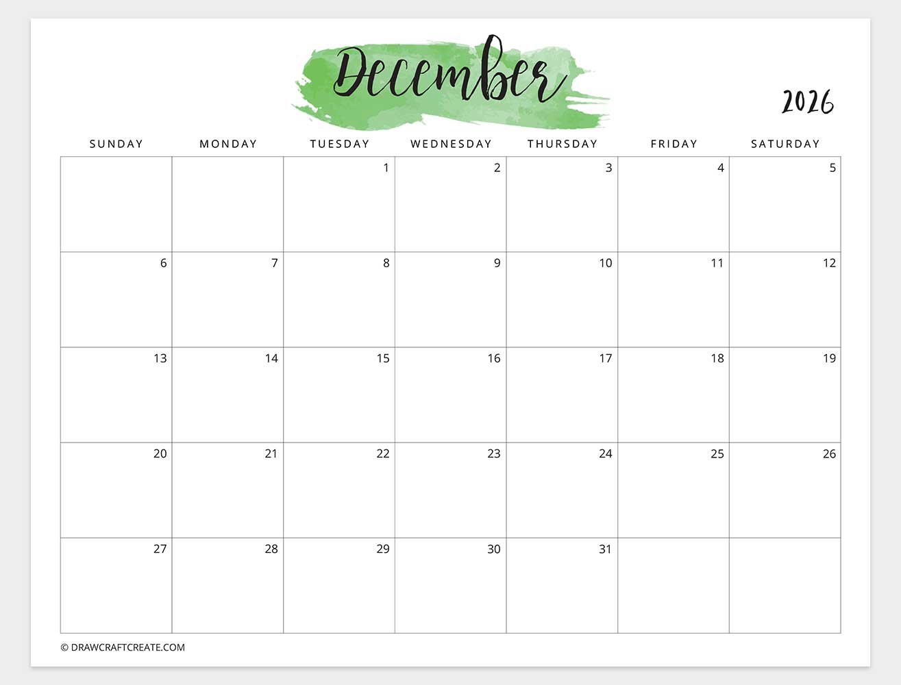 december 2026 watercolor calendar sunday start