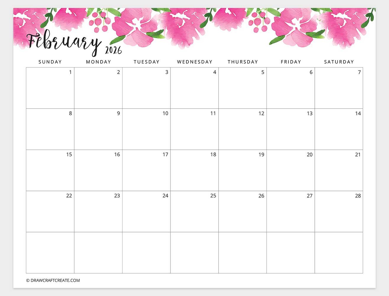 february 2026 calendar floral horizontal