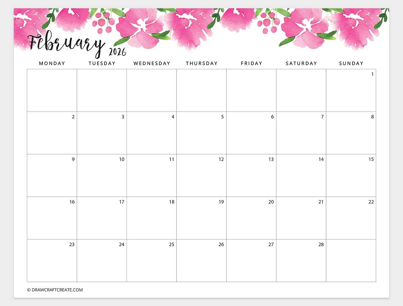 february 2026 floral calendar monday start