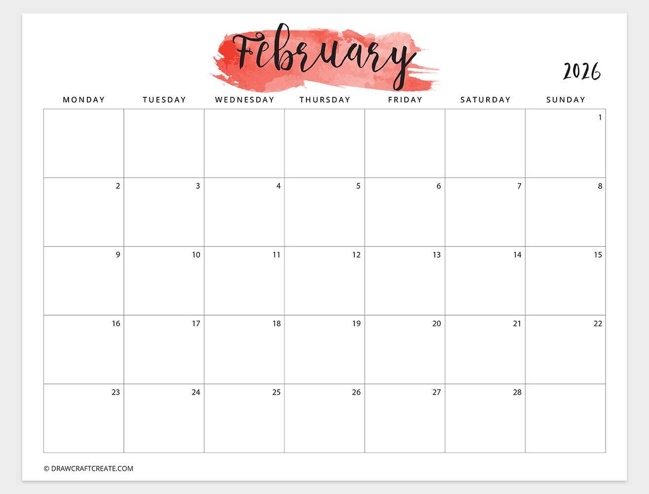 february 2026 watercolor calendar horizontal monday start